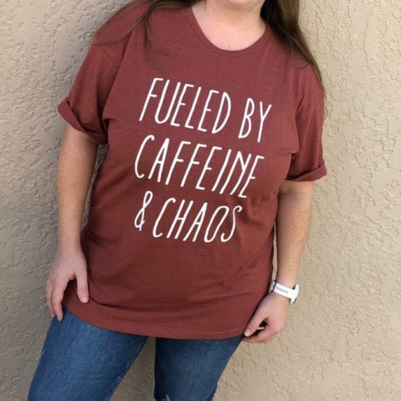 Fueled by Caffeine & Chaos Tee Fall Spice Red Small Boutique NWOT - Picture 3 of 7